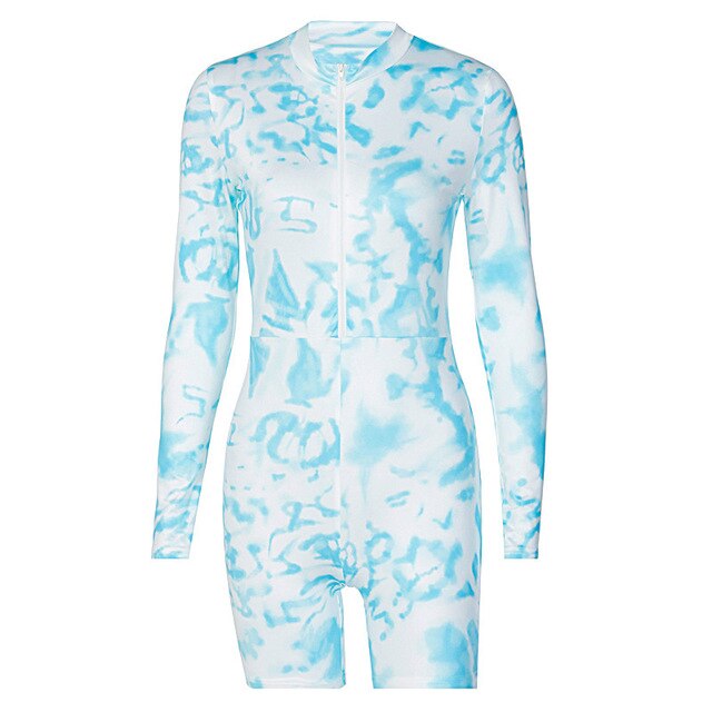 Tie Dye Print Jumpsuit Women Long Sleeve Front Zipper Top Shorts One Piece Tracksuit Workout Push Gym Sports Sexy One Piece-5