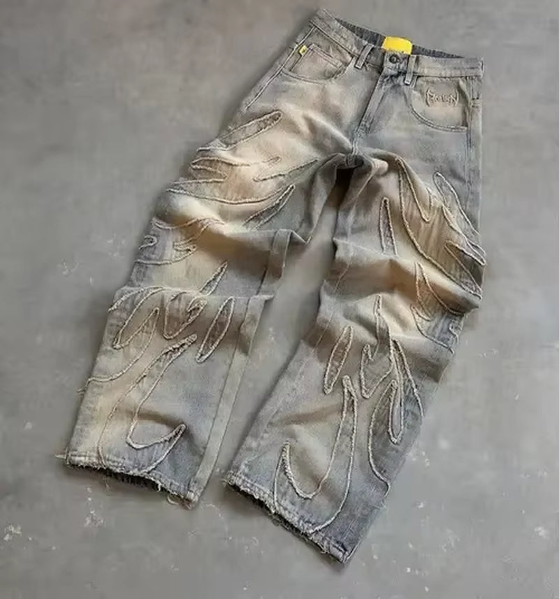 Y2K Men Baggy Jean Hip Hop Retro Harajuku Light Distressed Pants Oversized Embroidered Harajuku Gothic Wide Leg Pants Streetwear