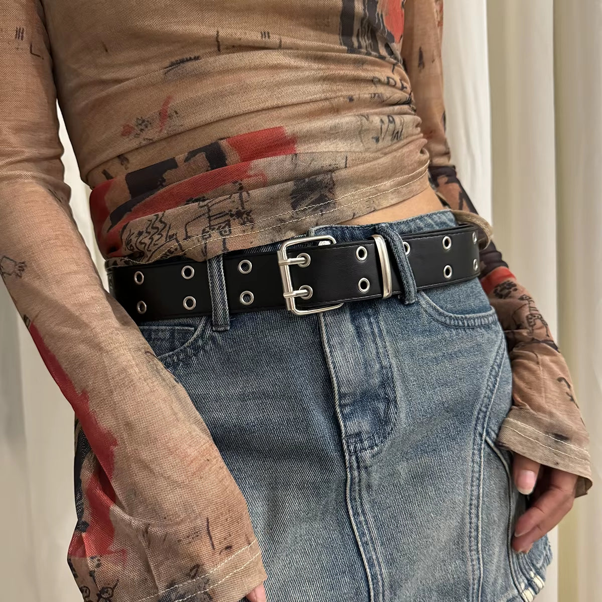 Women'S Belt Large Size Double Hole Men Belt Punk Hip Hop Rock Style Subculture Y2K Belt Punch Free Belt for Men and Women