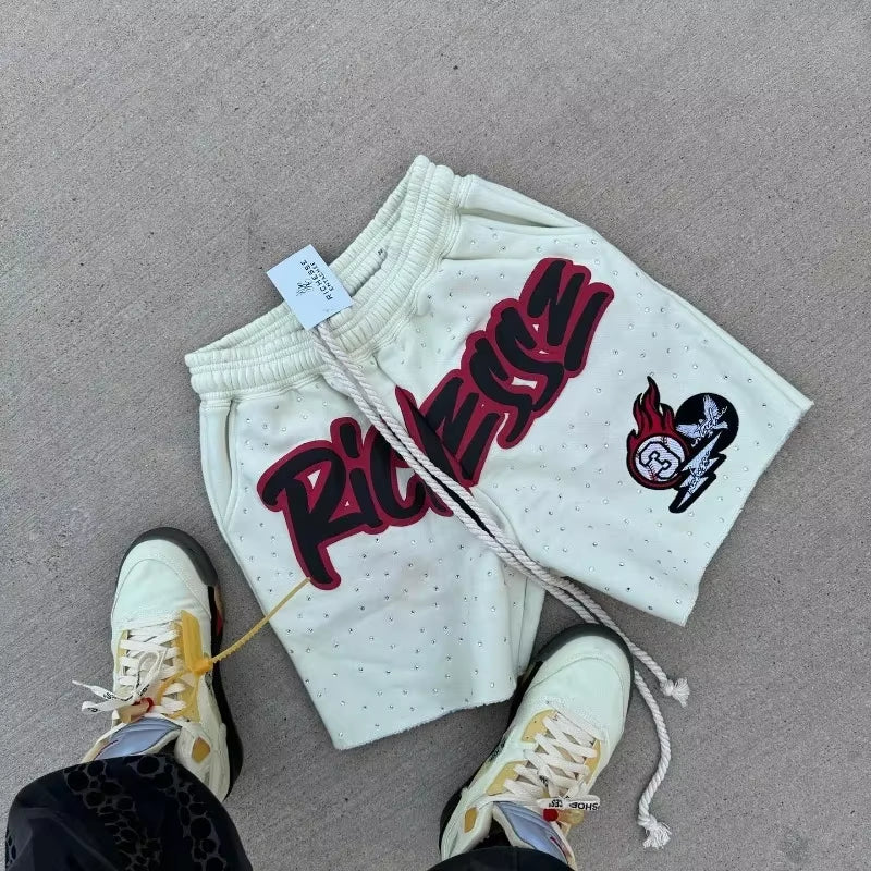 Y2K Harajuku Men Shorts Rhinestone Letter Print Cotton Sweatpants Fashion NEW Hip Hop Basketball Streetwear Loose Casual Shorts