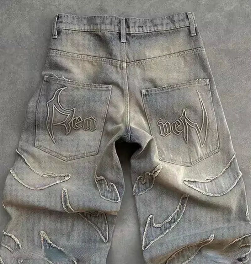 Y2K Men Baggy Jean Hip Hop Retro Harajuku Light Distressed Pants Oversized Embroidered Harajuku Gothic Wide Leg Pants Streetwear