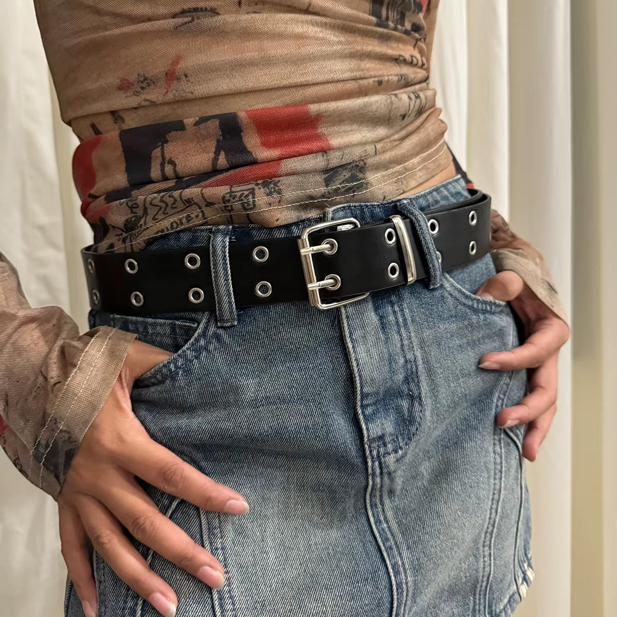 Women'S Belt Large Size Double Hole Men Belt Punk Hip Hop Rock Style Subculture Y2K Belt Punch Free Belt for Men and Women