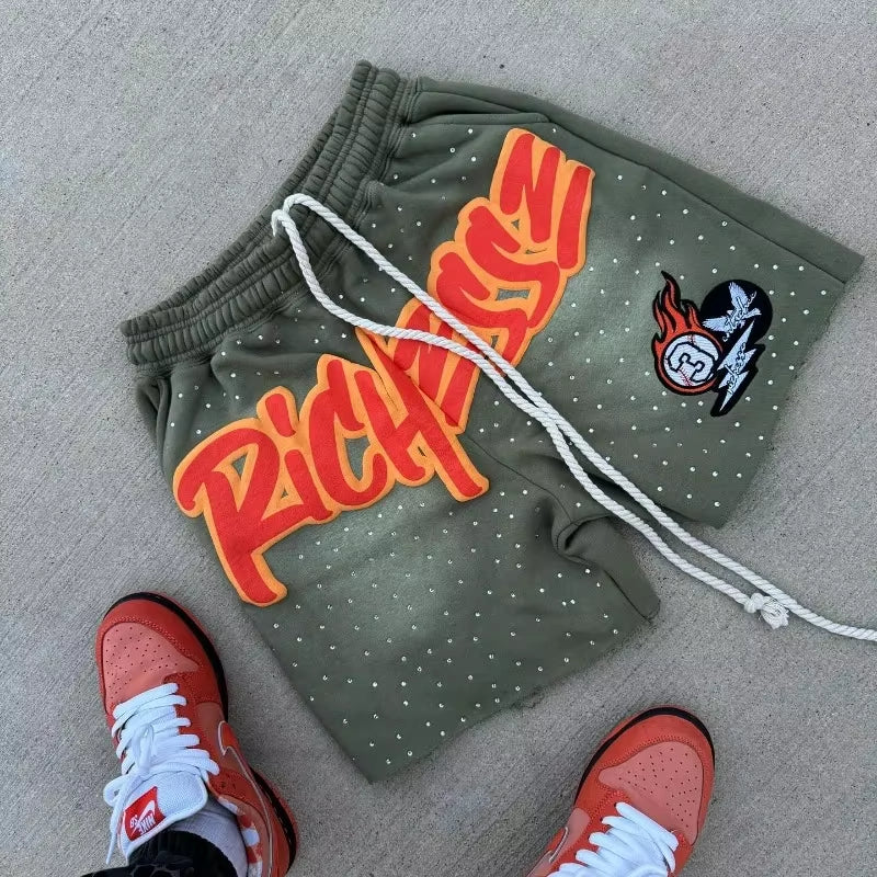 Y2K Harajuku Men Shorts Rhinestone Letter Print Cotton Sweatpants Fashion NEW Hip Hop Basketball Streetwear Loose Casual Shorts