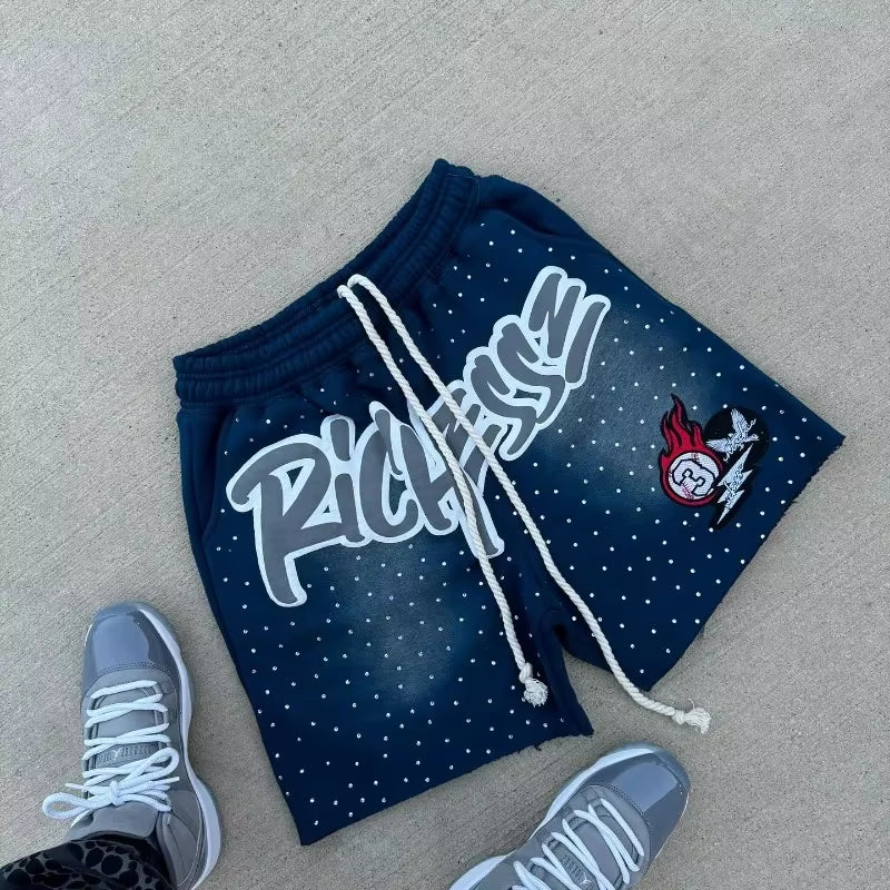 Y2K Harajuku Men Shorts Rhinestone Letter Print Cotton Sweatpants Fashion NEW Hip Hop Basketball Streetwear Loose Casual Shorts
