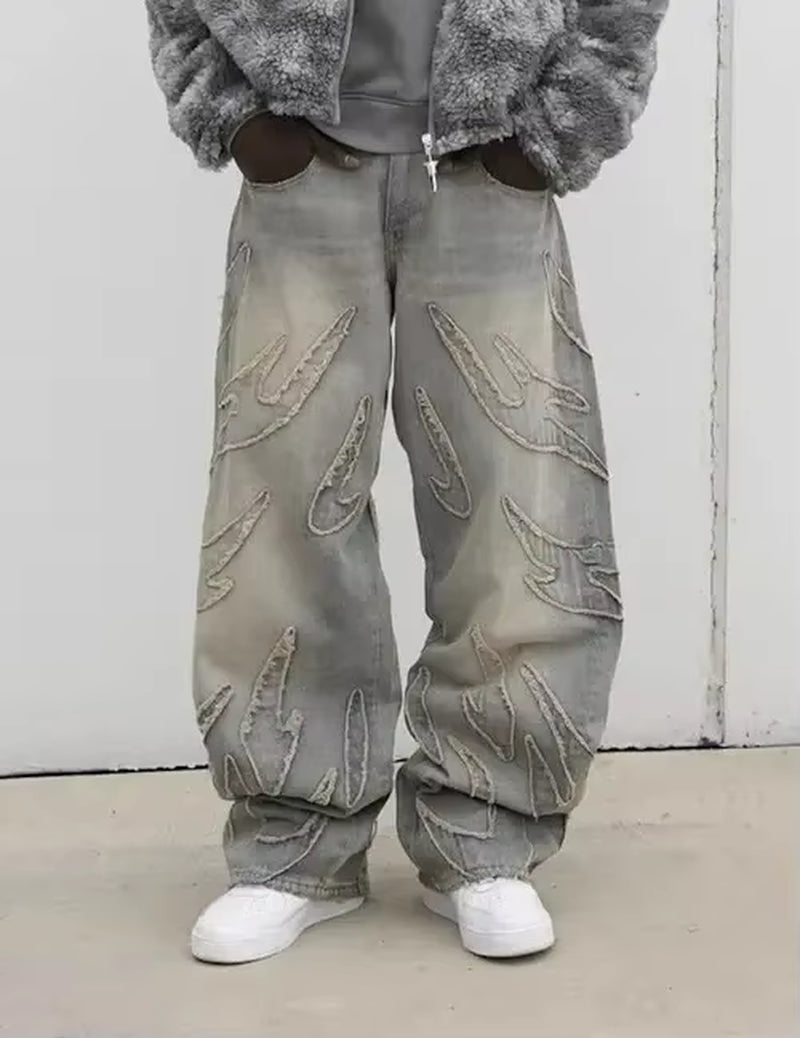 Y2K Men Baggy Jean Hip Hop Retro Harajuku Light Distressed Pants Oversized Embroidered Harajuku Gothic Wide Leg Pants Streetwear