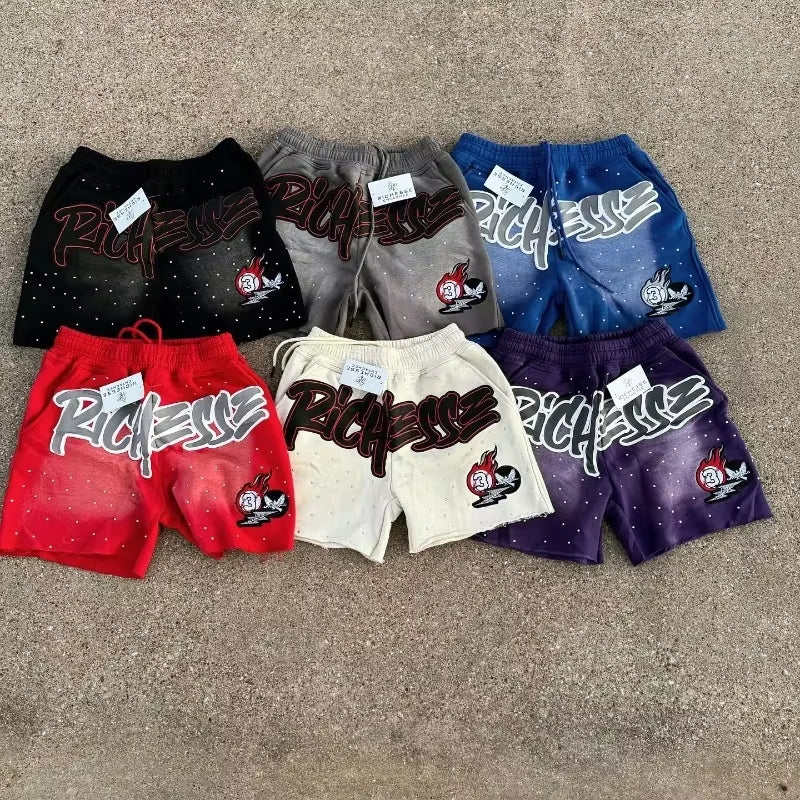 Y2K Harajuku Men Shorts Rhinestone Letter Print Cotton Sweatpants Fashion NEW Hip Hop Basketball Streetwear Loose Casual Shorts