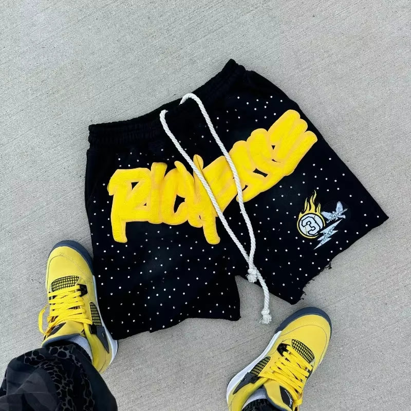 Y2K Harajuku Men Shorts Rhinestone Letter Print Cotton Sweatpants Fashion NEW Hip Hop Basketball Streetwear Loose Casual Shorts