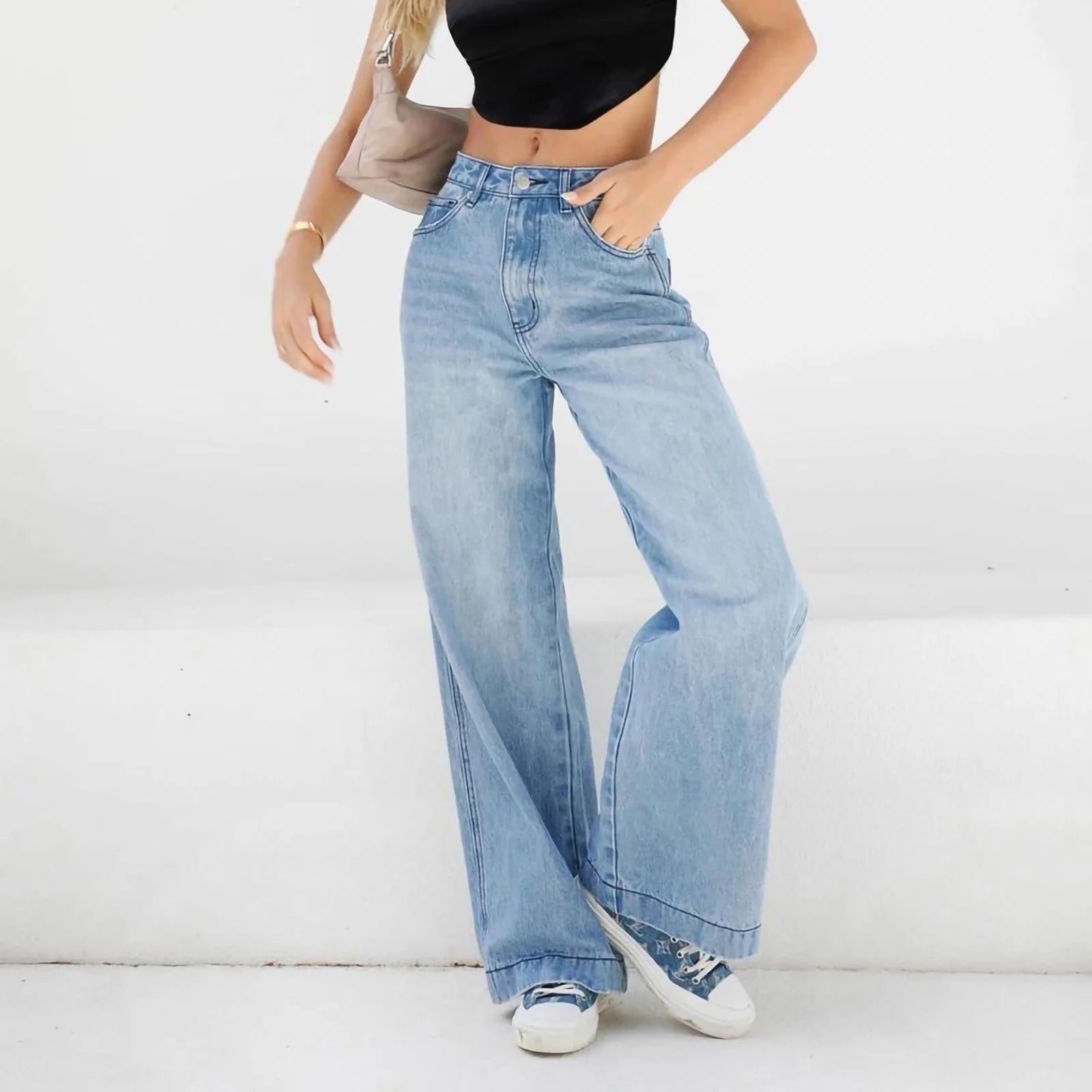 Women'S Fashion Jeans High Waisted Wide Leg Jeans Summer Casual Straight Baggy Jeans Color Block Patch Denim Trousers Dark Blue,M