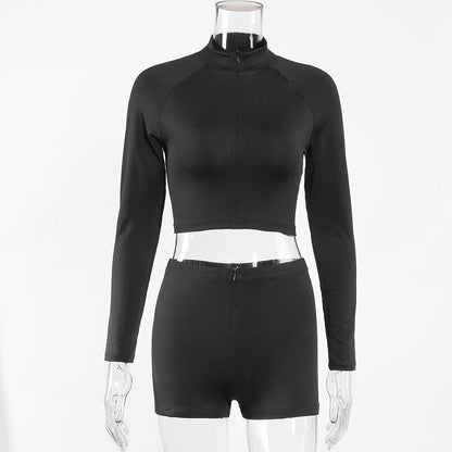 Seamless Black Yoga Set Women Gym Clothes Fashion Long Sleeve Zipper Crop Top Shorts Suit Push Up Workout Training Tracksuit-1